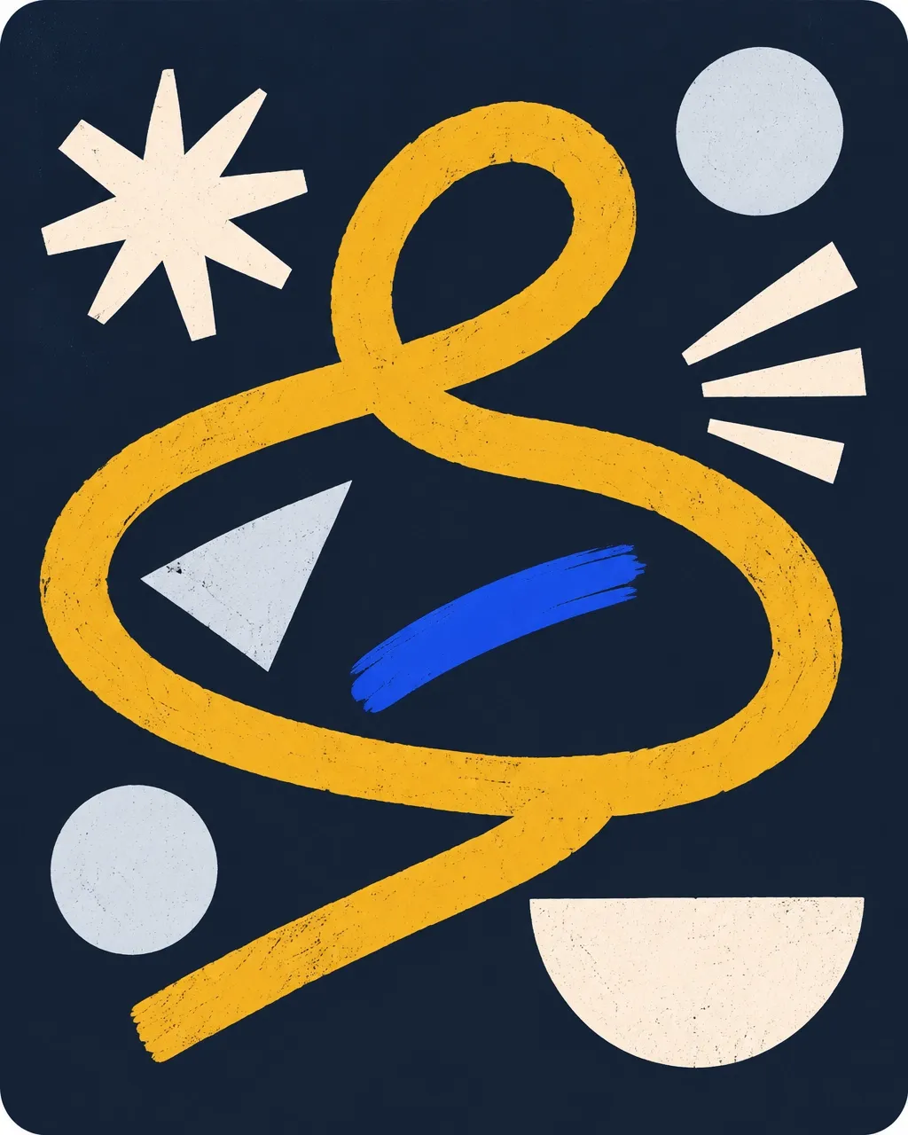 Graphic poster-style illustration with a bold winding path in navy, gold, and pale blue-gray